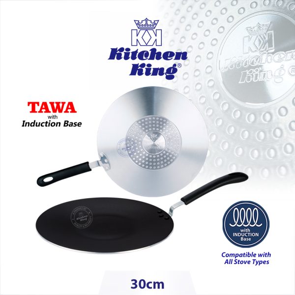 Kitchen King nonstick induction tawa 30cm – induction compatible PFOA-free flat pan for dosa, roti and chapati